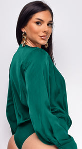 Zana Surplice Pleated V Neck Satin Bodysuit - Green